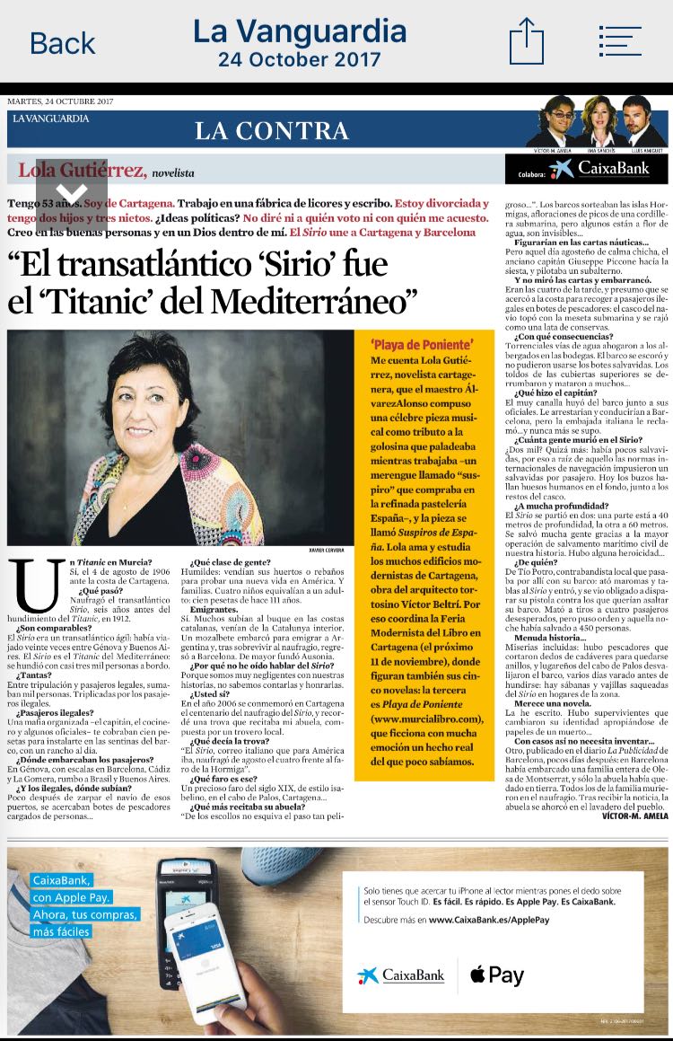 Lola Gutiérrez, escritora – La contra de La Vanguardia, Octubre 2017 gabinete de prensa