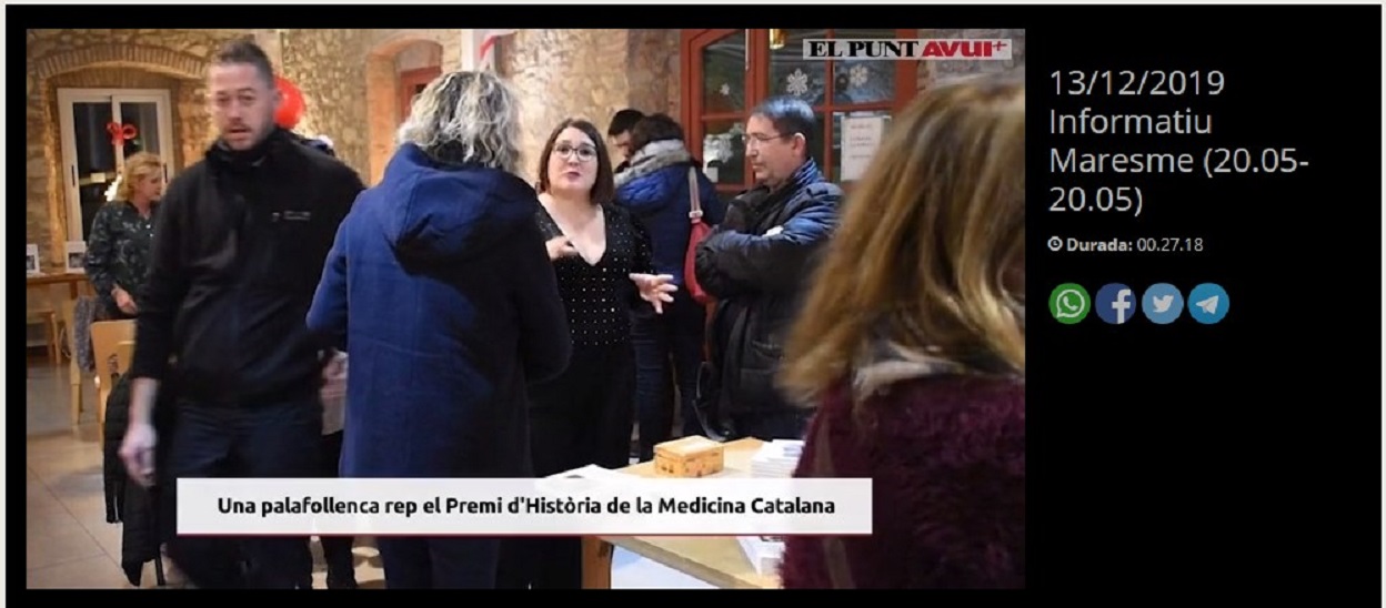 Marta Carrasco al Punt Avui TV,durant la presentació del seu llibre "La professionalització de les llevadores de Girona (1830-1870)", al minut 8'29" - 13/12/2019 gabinete de prensa