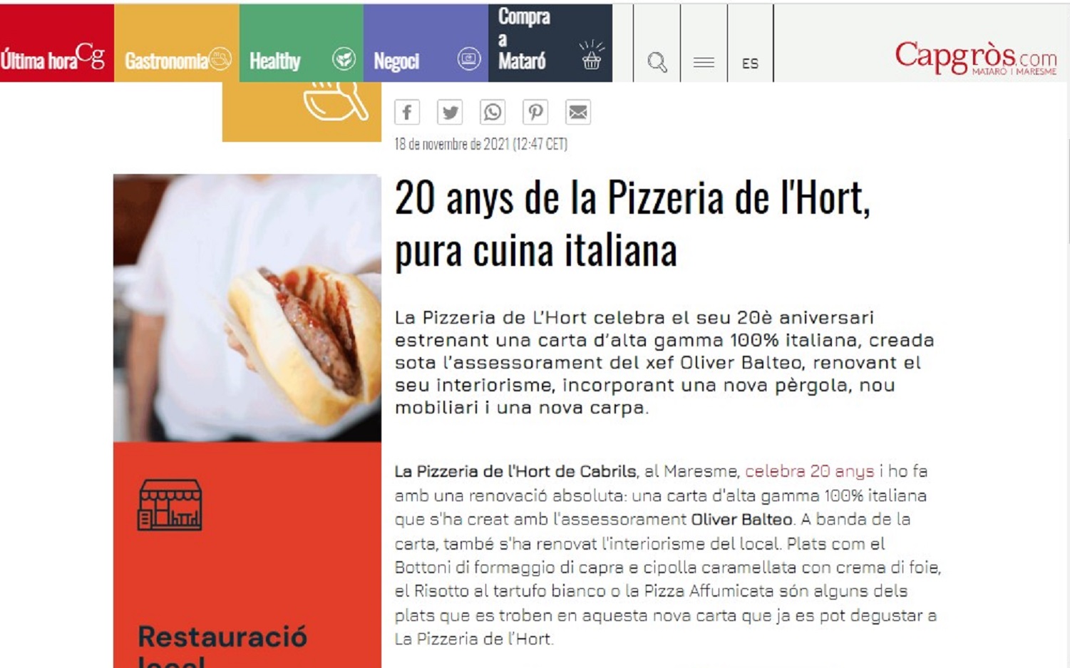 La Pizzeria de l'Hort en el "Capgròs"- 18/11/2021 gabinete de prensa
